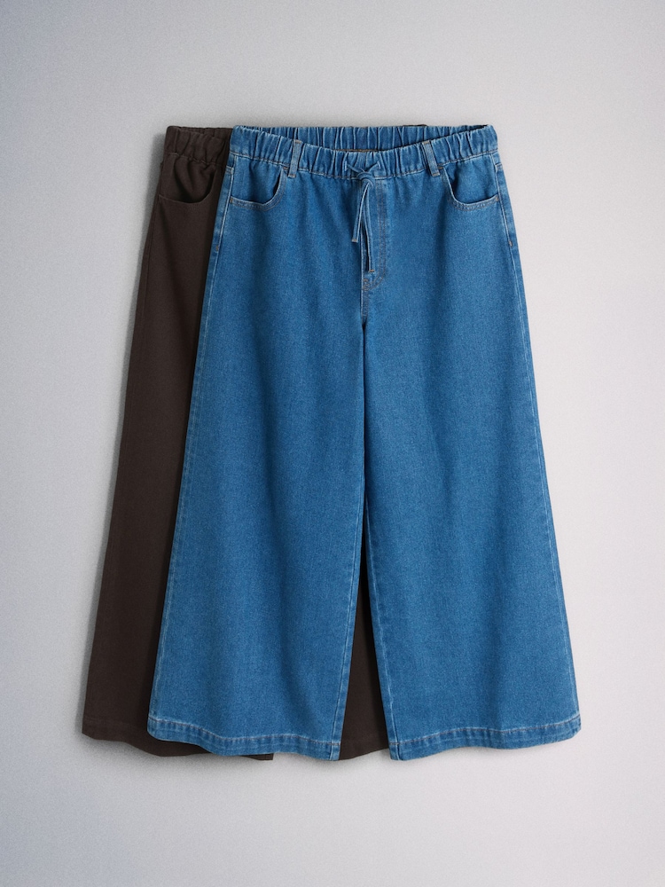 The Set 2 Pack Pull On Wide Leg Lightweight Jeans Mid Blue/Chocolate Brown - Image 2 of 7