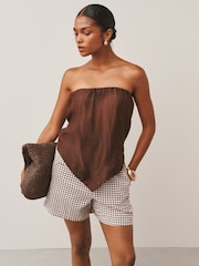 Navy/Chocolate Gingham Stretch Linen Blend Shorts 2 Pack - Image 2 of 8