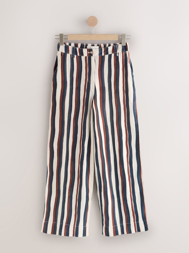 Brown/Navy Blue Stripe Linen Blend Wide Leg Trousers - Image 1 of 3