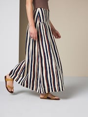 Navy/Ecru/Brown Stripe Dropwaist Linen Blend Maxi Skirt - Image 4 of 8