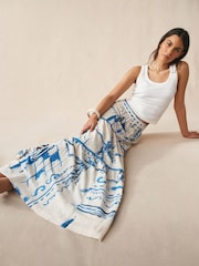 Blue/White Scenic Cotton Tiered Maxi Skirt - Image 1 of 7