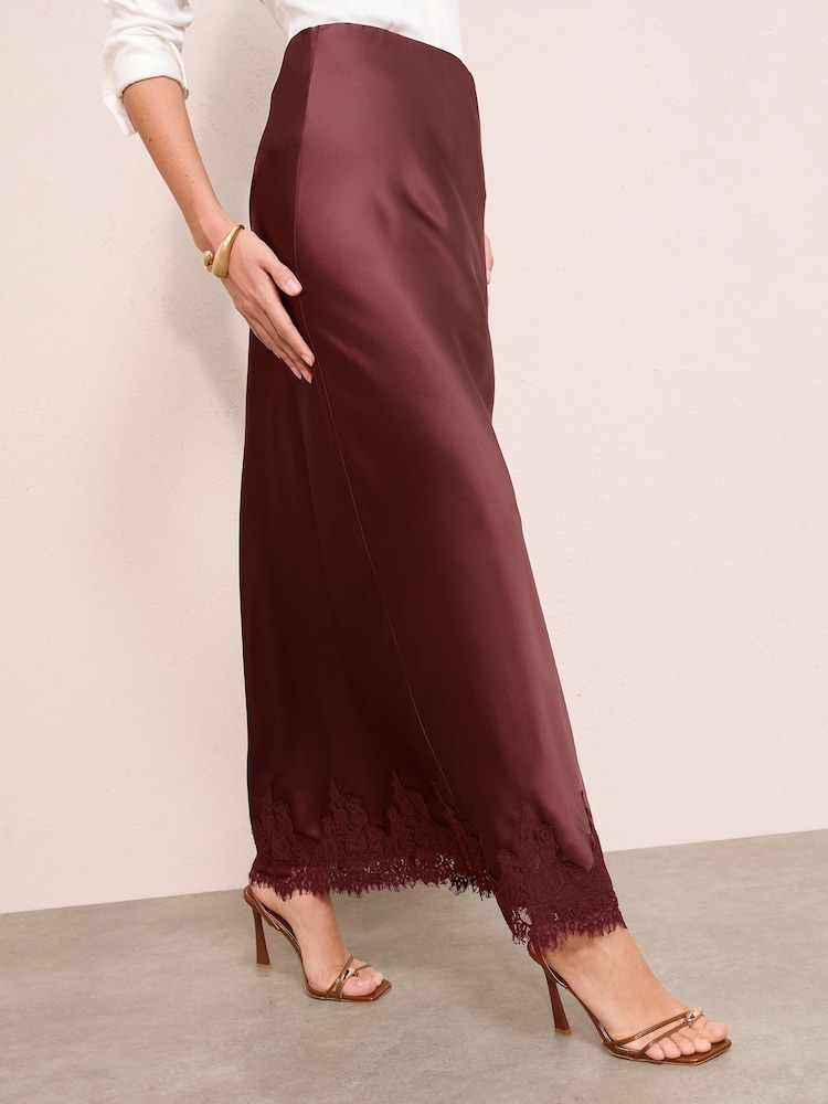 Friends Like These Brown Petite Satin Lace Trim Maxi Skirt - Image 2 of 5 Friends Like These Brown Petite Satin Lace Trim Maxi Skirt - Image 2 of 5