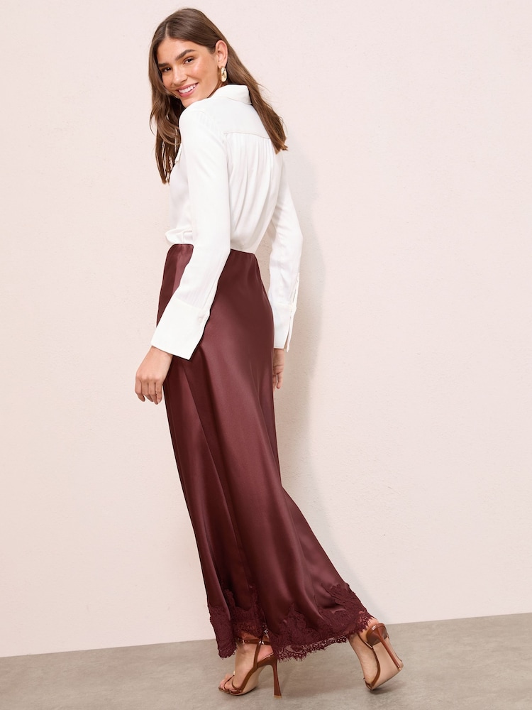 Friends Like These Brown Petite Satin Lace Trim Maxi Skirt - Image 5 of 5 Friends Like These Brown Petite Satin Lace Trim Maxi Skirt - Image 5 of 5