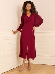 Love & Roses Red Petite Pleated Ruffle Midi Dress - Image 2 of 4