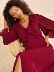 Love & Roses Red Petite Pleated Ruffle Midi Dress - Image 4 of 4