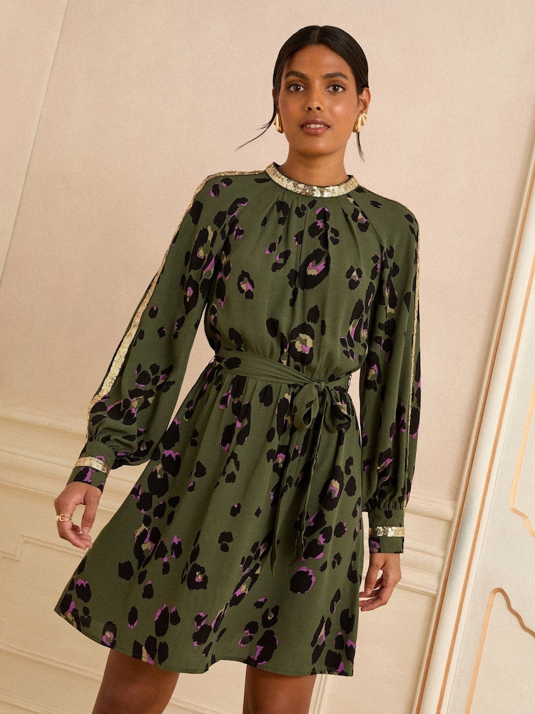 Love & Roses Olive Animal Sequin Trim Mini Dress - Image 2 of 4
