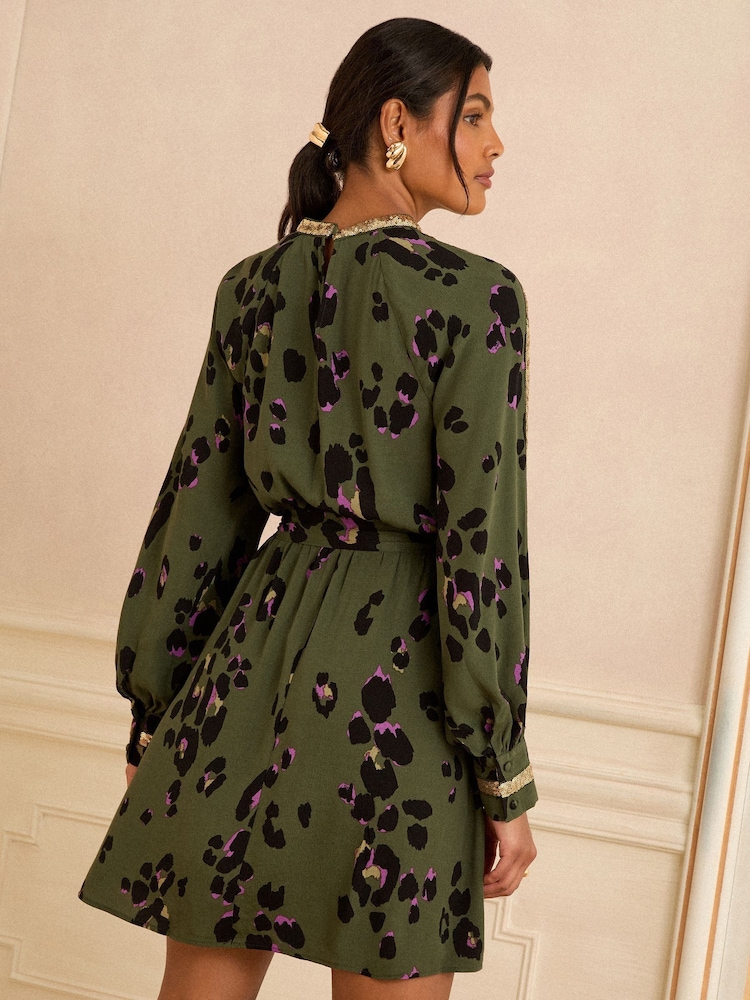 Love & Roses Olive Animal Sequin Trim Mini Dress - Image 4 of 4