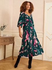 Love & Roses Green Animal Petite Printed V-Neck Puff Sleeve Midi Dress - Image 1 of 4