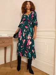 Love & Roses Green Animal Petite Printed V-Neck Puff Sleeve Midi Dress - Image 3 of 4