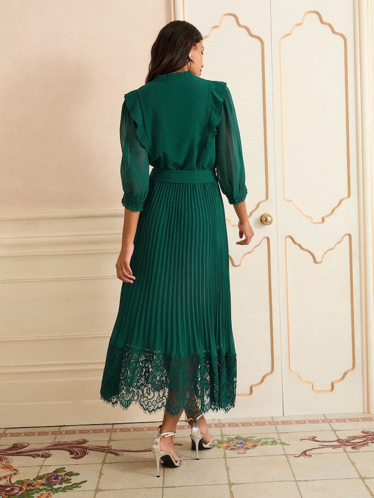 Love & Roses Teal Blue Lace Detail Pleated 3/4 Sleeve Midi Dress - Image 4 of 4