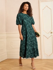Love & Roses Teal Blue Textured Puff Sleeve Crew Neck Midi Dress - Image 1 of 5