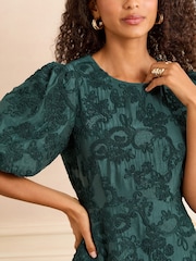 Love & Roses Teal Blue Textured Puff Sleeve Crew Neck Midi Dress - Image 2 of 5