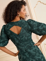 Love & Roses Teal Blue Textured Puff Sleeve Crew Neck Midi Dress - Image 4 of 5