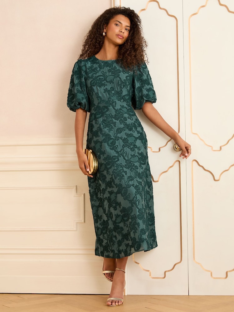 Love & Roses Teal Blue Textured Puff Sleeve Crew Neck Midi Dress - Image 5 of 5