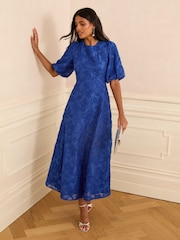 Love & Roses Teal Blue Petite Textured Puff Sleeve Crew Neck Midi Dress - Image 1 of 5