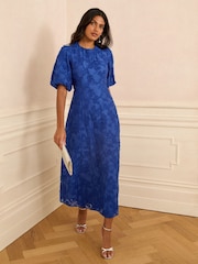 Love & Roses Teal Blue Petite Textured Puff Sleeve Crew Neck Midi Dress - Image 2 of 5