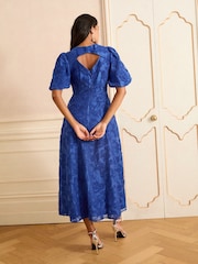 Love & Roses Teal Blue Petite Textured Puff Sleeve Crew Neck Midi Dress - Image 4 of 5