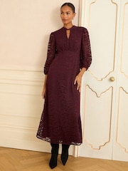 Love & Roses Burgundy Red Lace High Neck Midi Dress - Image 1 of 5