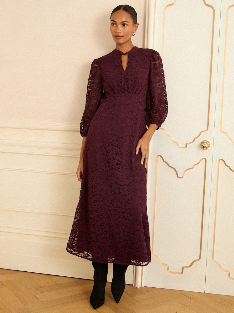 Love & Roses Burgundy Red Lace High Neck Midi Dress - Image 1 of 5