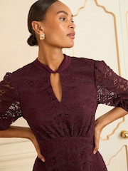 Love & Roses Burgundy Red Lace High Neck Midi Dress - Image 2 of 5