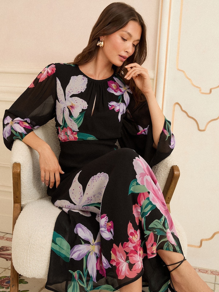 Love & Roses Black Floral Printed Midi Dress - Image 2 of 5
