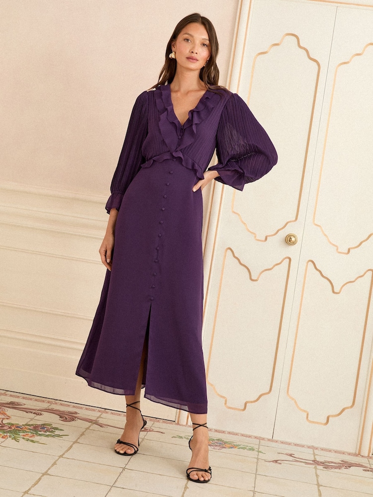 Love & Roses Purple Pleated Ruffle Midi Dress - Image 1 of 4