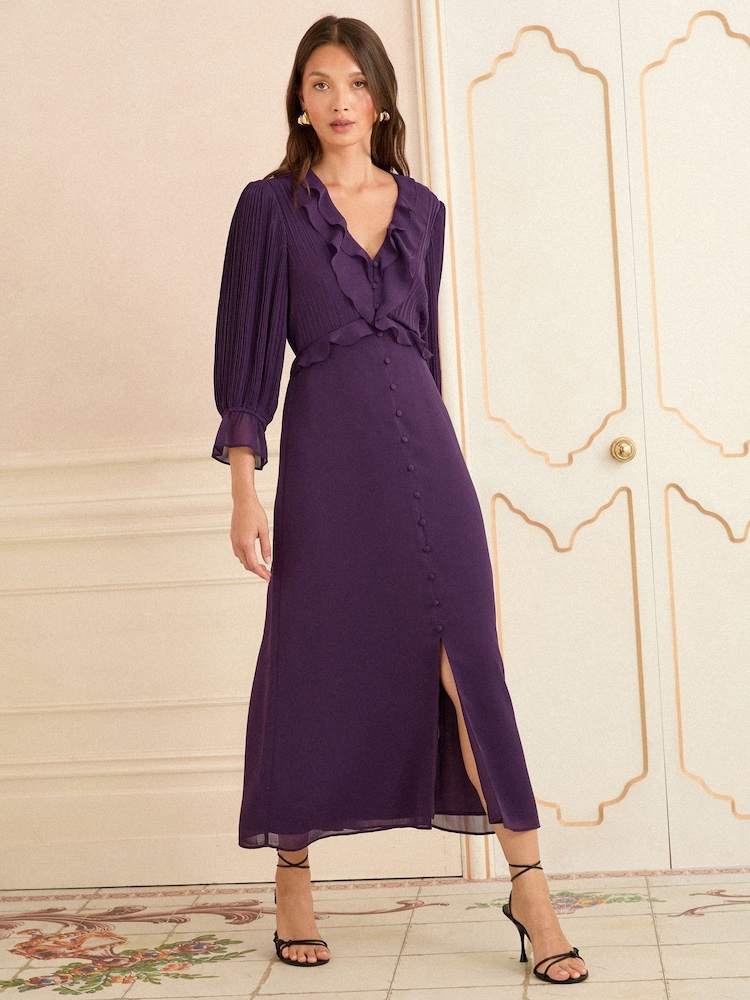 purple ruffle midi dress Purple Ruffled Midi Dress | Statement Evening Dress
