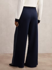 Reiss Navy Samson Petite Knitted Side-Stripe Wide-Leg Trousers - Image 4 of 6