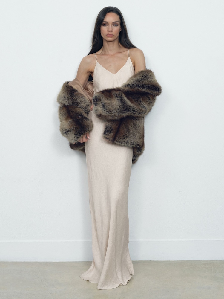 brown floral silk dress Mirella Longline Faux-Fur – Boreal Luxe main image 1