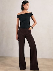 Reiss Chocolate Brown Priya Petite Twill Patch-Pocket Flared Trousers - Image 1 of 6