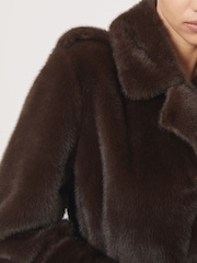 Reiss Chocolate Brown Cate Faux-Fur Long Belted Coat - Image 4 of 8