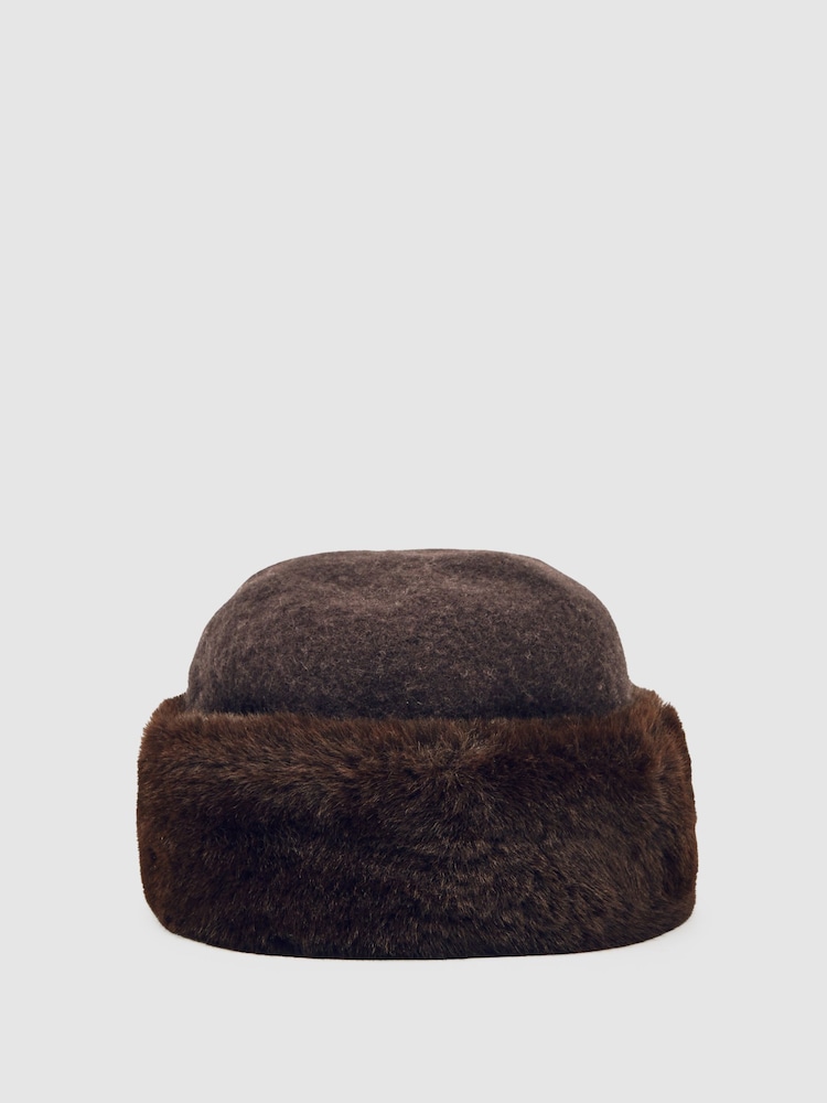 Reiss Chocolate Serena Faux Fur Hat - Image 1 of 4 Reiss Chocolate Serena Faux Fur Hat - Image 1 of 4