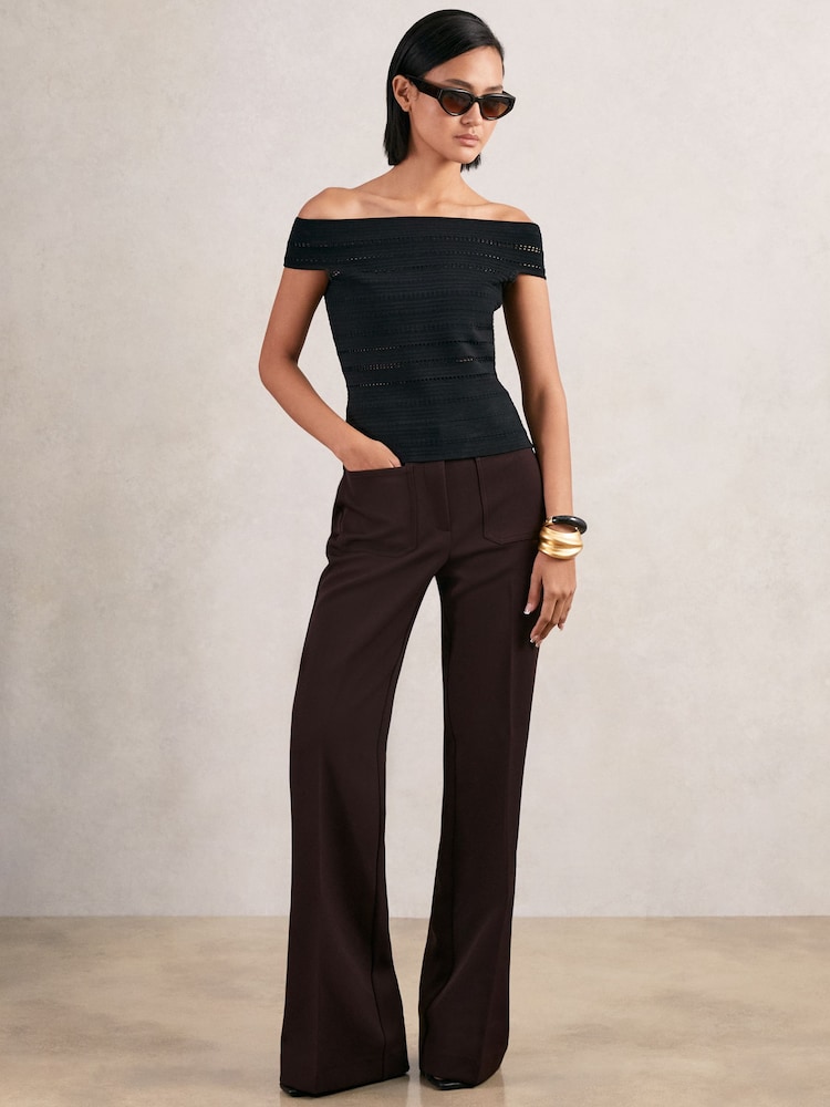 Reiss Chocolate Brown Priya Twill Patch-Pocket Flared Trousers - Image 1 of 5 Reiss Chocolate Brown Priya Twill Patch-Pocket Flared Trousers - Image 1 of 5