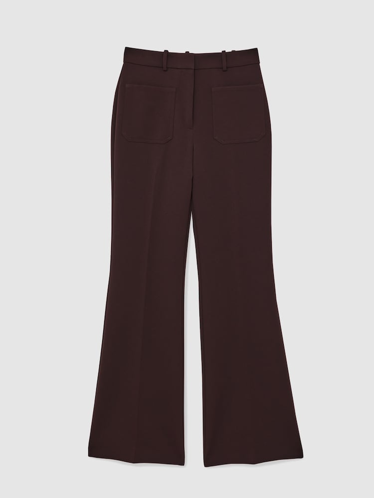 Reiss Chocolate Brown Priya Twill Patch-Pocket Flared Trousers - Image 2 of 5 Reiss Chocolate Brown Priya Twill Patch-Pocket Flared Trousers - Image 2 of 5