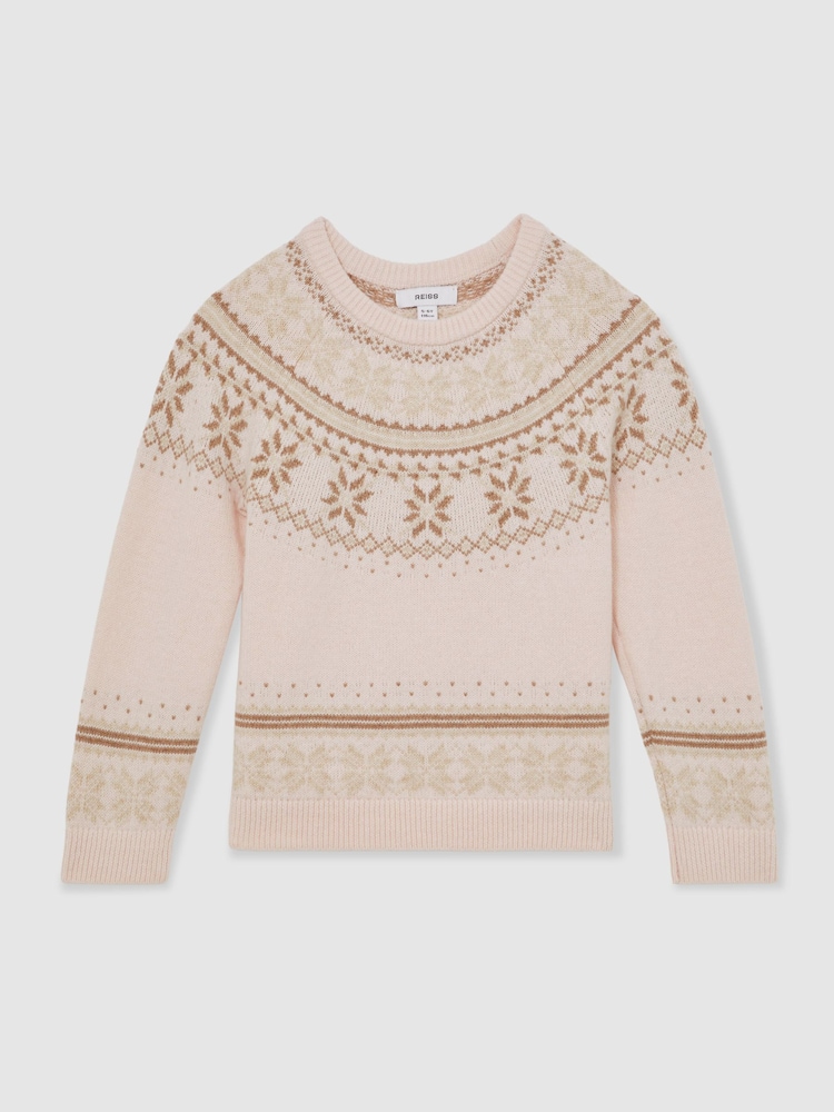 Reiss Pink Farah Wool-Cotton Blend Fair Isle Pattern Jumper - Image 1 of 4 Reiss Pink Farah Wool-Cotton Blend Fair Isle Pattern Jumper - Image 1 of 4