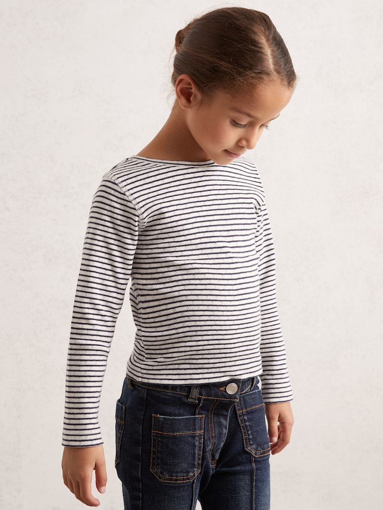 Reiss Navy/White Poppy Cotton Pointelle Long-Sleeve Top - Image 1 of 4