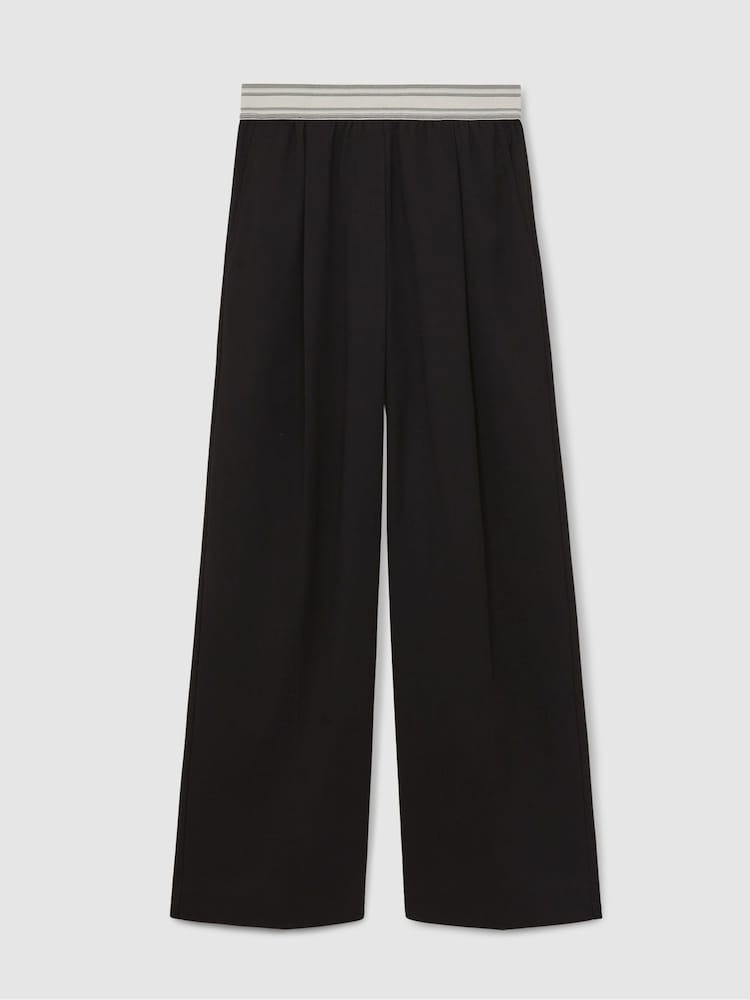 Reiss Black Camelia Petite Wide-Leg Contrast-Waistband Trousers - Image 2 of 7