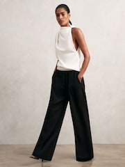 Reiss Black Camelia Petite Wide-Leg Contrast-Waistband Trousers - Image 3 of 7