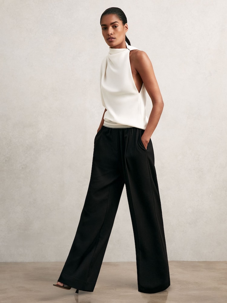 Reiss Black Camelia Wide-Leg Contrast-Waistband Trousers - Image 1 of 6
