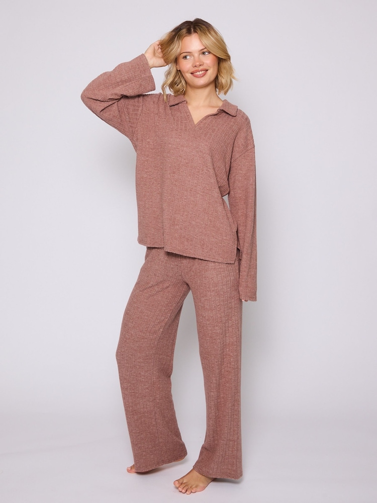 Loungeable Brown Collared Long Sleeve Top and Fold Over Trousers Set - Image 2 of 6 Loungeable Brown Collared Long Sleeve Top and Fold Over Trousers Set - Image 2 of 6