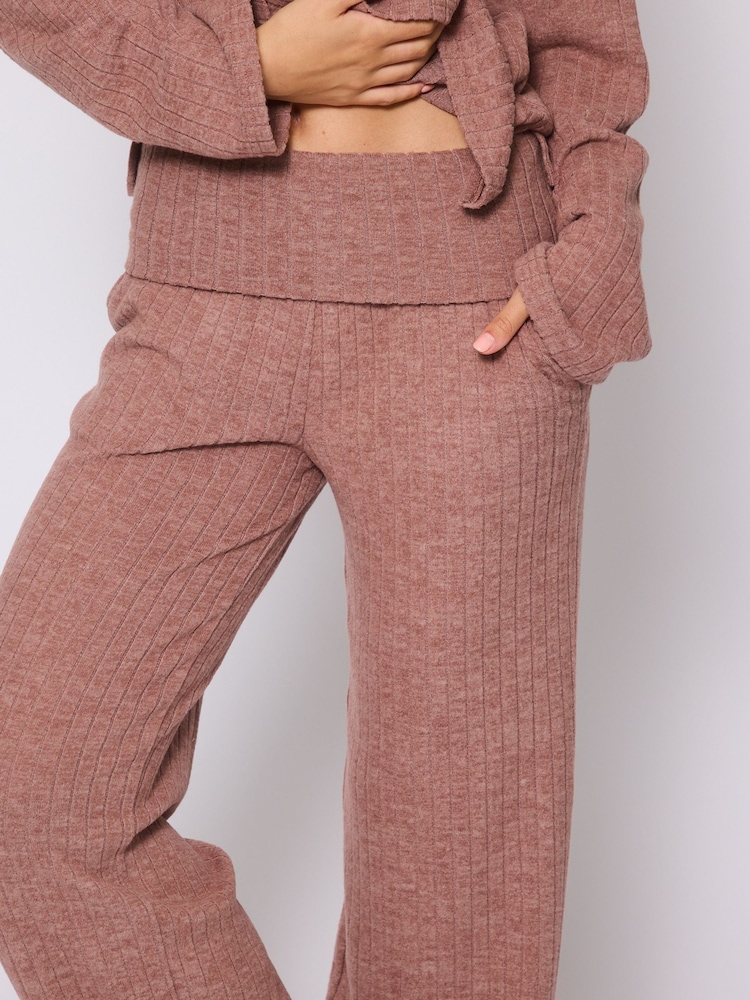 Loungeable Brown Collared Long Sleeve Top and Fold Over Trousers Set - Image 6 of 6 Loungeable Brown Collared Long Sleeve Top and Fold Over Trousers Set - Image 6 of 6
