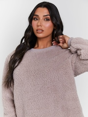 Loungeable Brown Borg Jumper & Wide Leg Trousers Lounge Set - Image 3 of 5