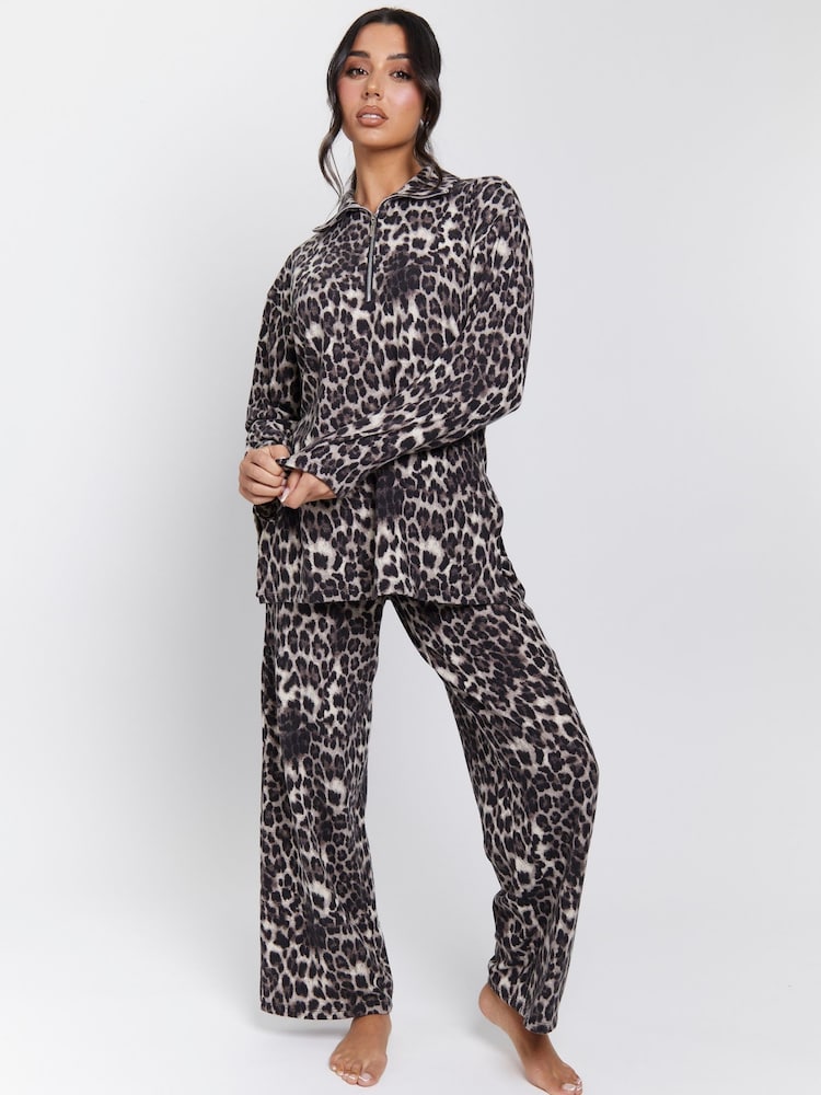 Loungeable Brown Leopard Soft Knit Long Sleeved 1/4 Zip Top and Wide Leg Trousers Set - Image 1 of 7