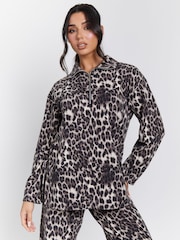 Loungeable Brown Leopard Soft Knit Long Sleeved 1/4 Zip Top and Wide Leg Trousers Set - Image 2 of 7