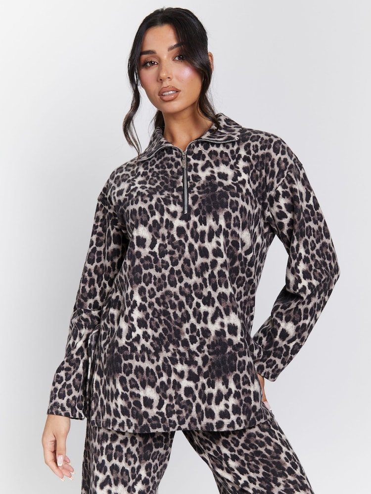 Loungeable Brown Leopard Soft Knit Long Sleeved 1/4 Zip Top and Wide Leg Trousers Set - Image 2 of 7 Loungeable Brown Leopard Soft Knit Long Sleeved 1/4 Zip Top and Wide Leg Trousers Set - Image 2 of 7