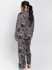Loungeable Brown Leopard Soft Knit Long Sleeved 1/4 Zip Top and Wide Leg Trousers Set - Image 3 of 7