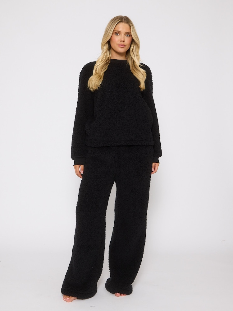 Loungeable Black Borg Jumper & Wide Leg Trousers Lounge Set - Image 1 of 5