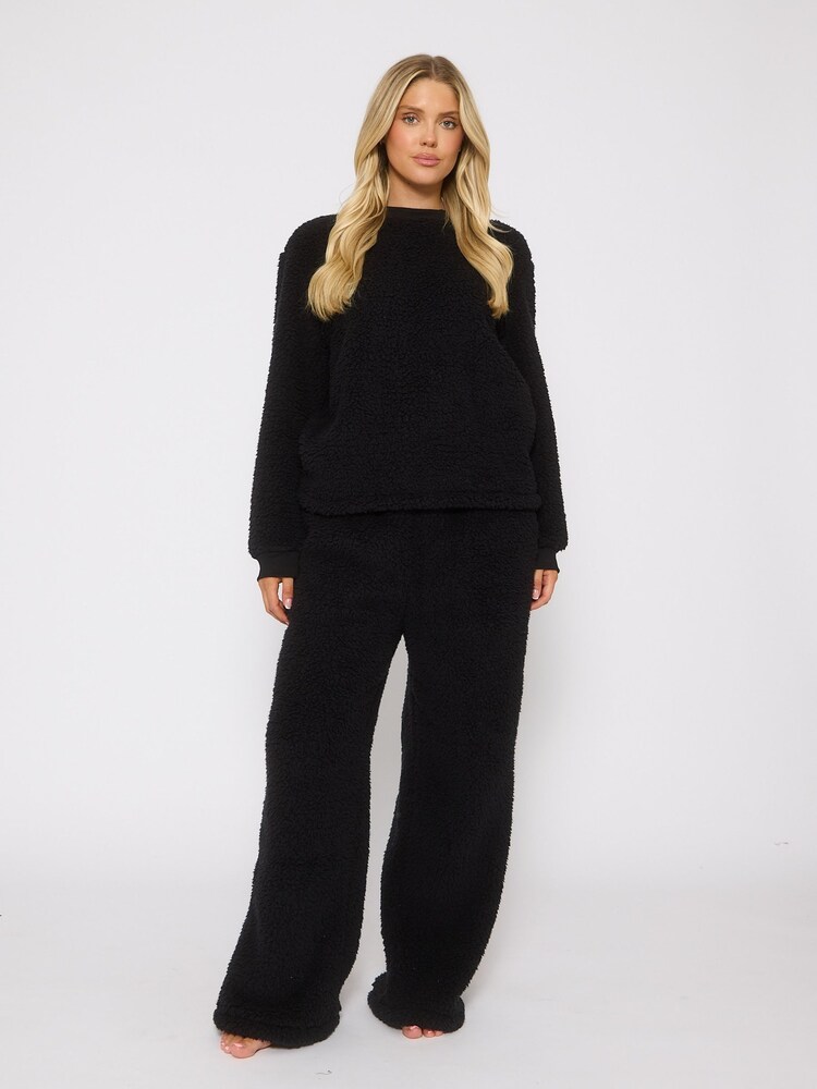 Loungeable Black Borg Jumper & Wide Leg Trousers Lounge Set - Image 1 of 5 Loungeable Black Borg Jumper & Wide Leg Trousers Lounge Set - Image 1 of 5