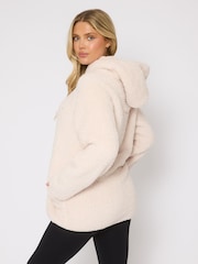 Loungeable Cream Borg Button Lounge Hooded Cardigan - Image 2 of 5