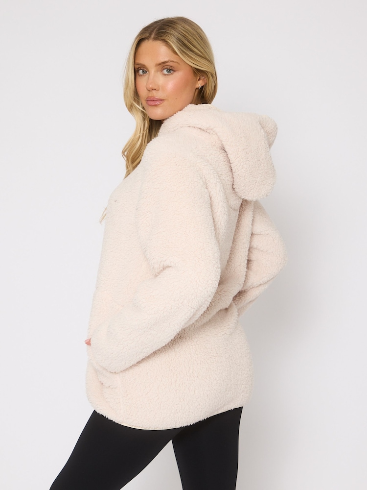 Loungeable Cream Borg Button Lounge Hooded Cardigan - Image 2 of 5
